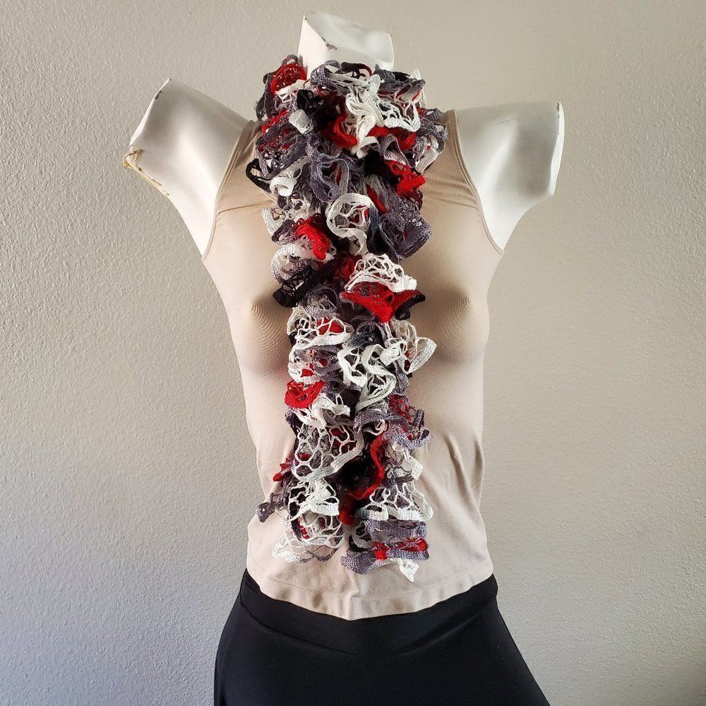 BOGO Scarf Sale - Hand Crafted crochet white gray red and black ruffle scarf